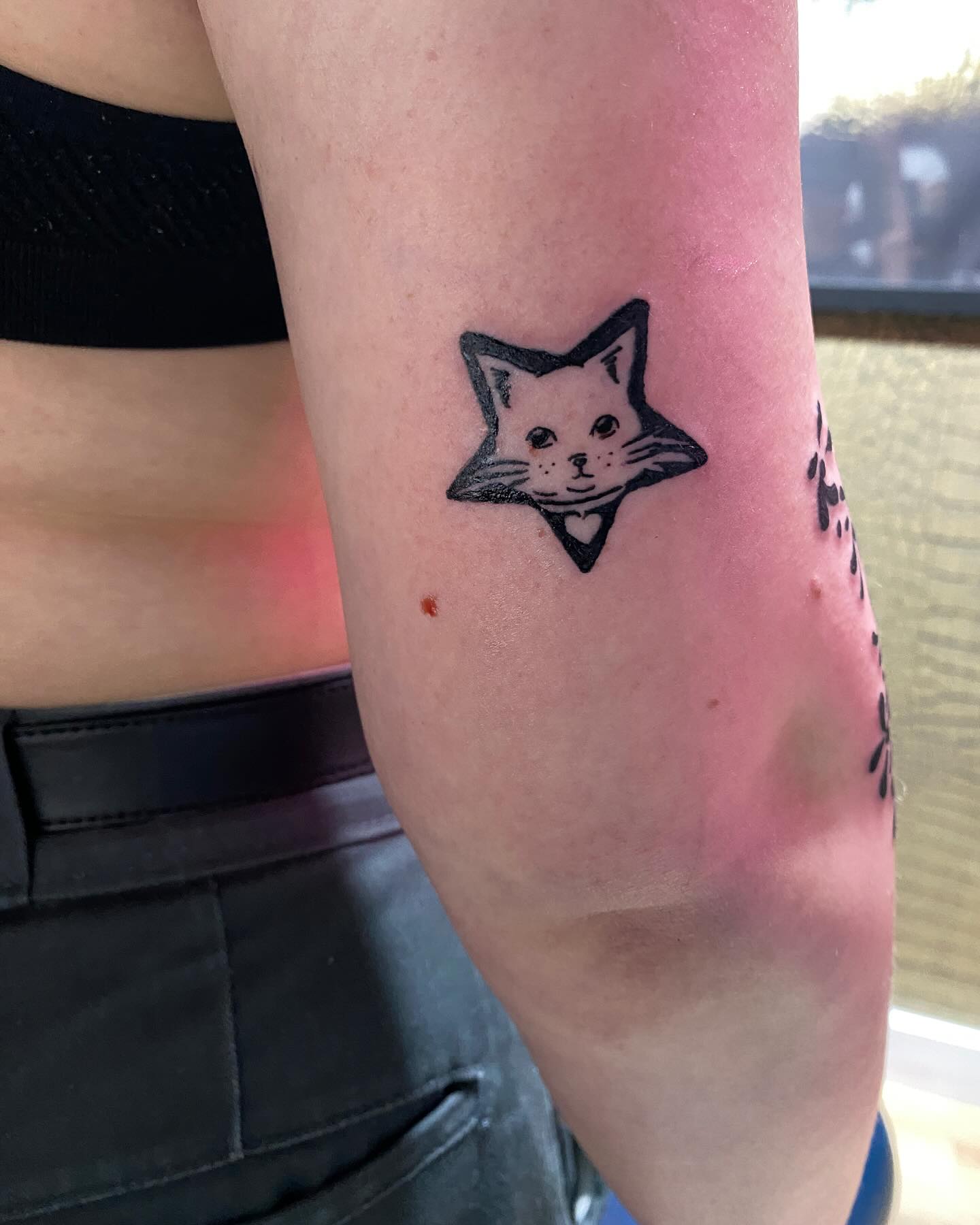 Kleine tattoo van een kattenkop in een ster op een bovenarm
